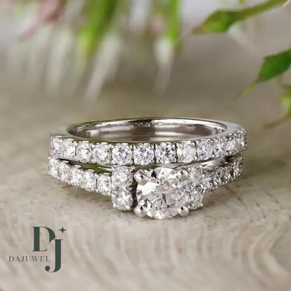 Moissanite Bridal Set Engagement Ring Solid 14K White Gold 2.50 CT Round Cut