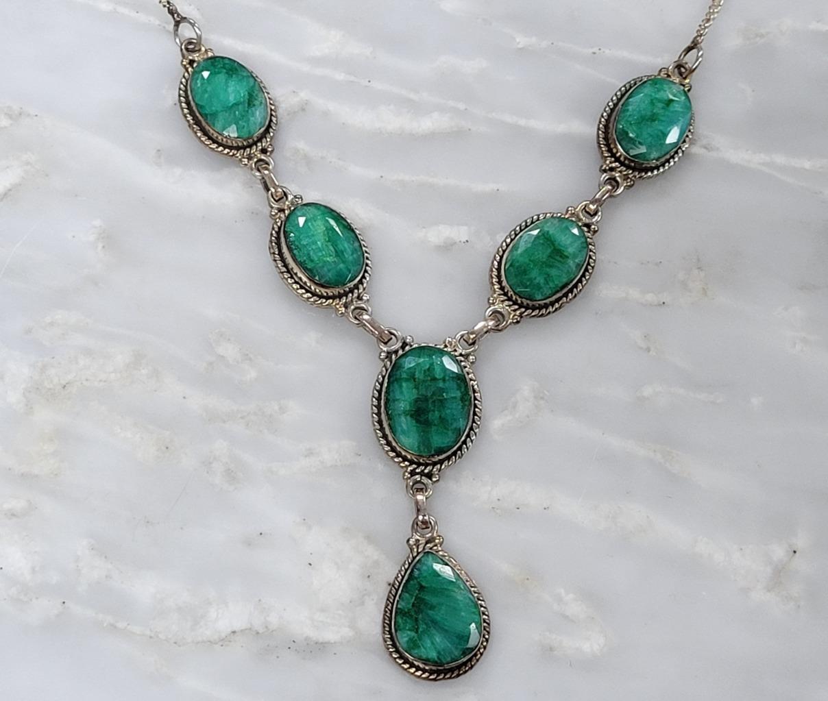 Sterling Silver Raw Emerald Princess Style Necklace ~ 25.0grams ~ 12-E992