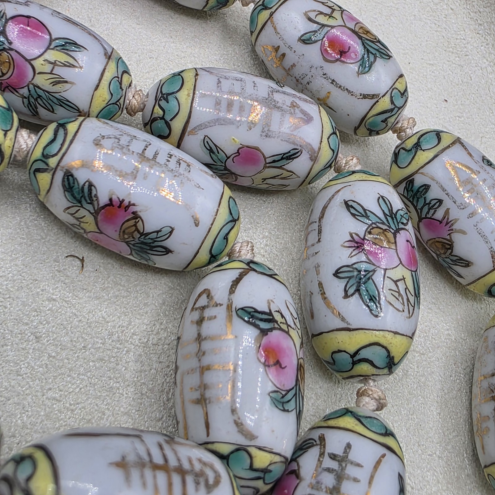 Vintage Chinese Export Hand Painted Porcelain Beads White With Flowers 24″