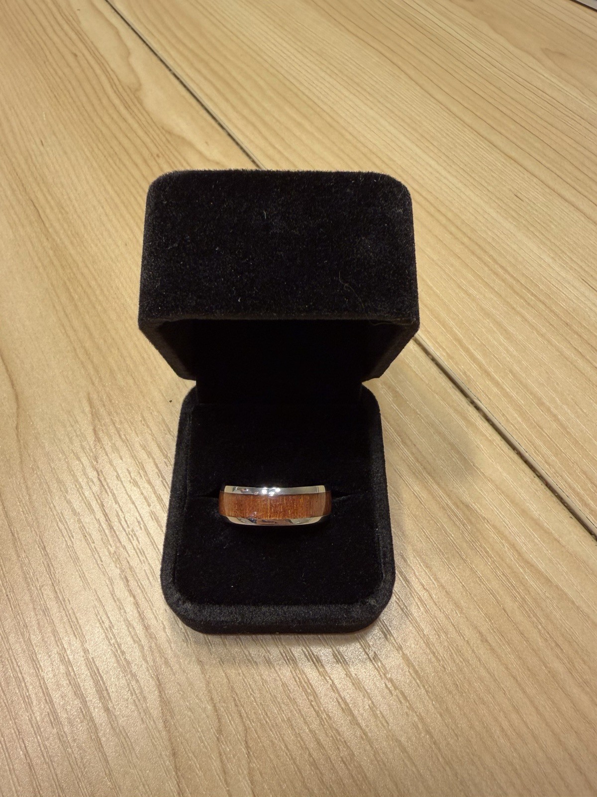 Stainless Steel Ring with Whiskey Barrel Wood Inlay and Clear Resin
