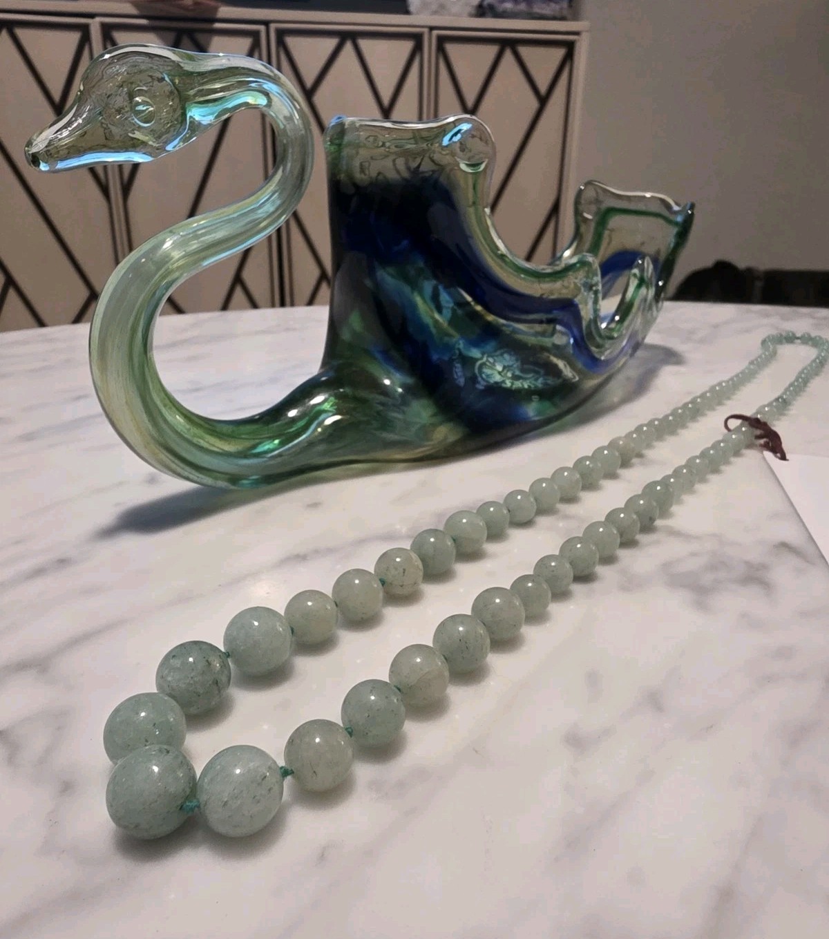 Vintage Green Jade Beaded Necklace Hand Knotted Round Strand Box Clasp Gemstone