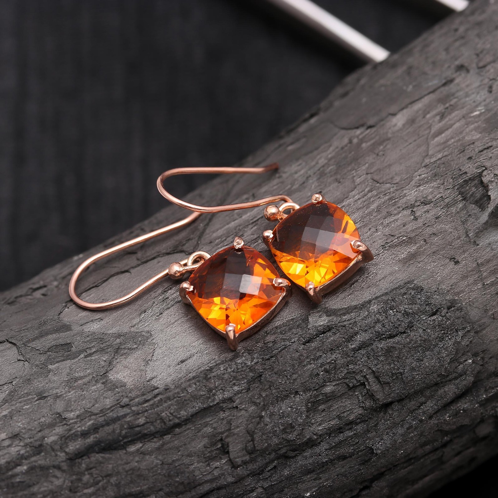 Natural Citrine Quartz Cushion Earrings Rose Gold Filled Solid Silver Jewelry