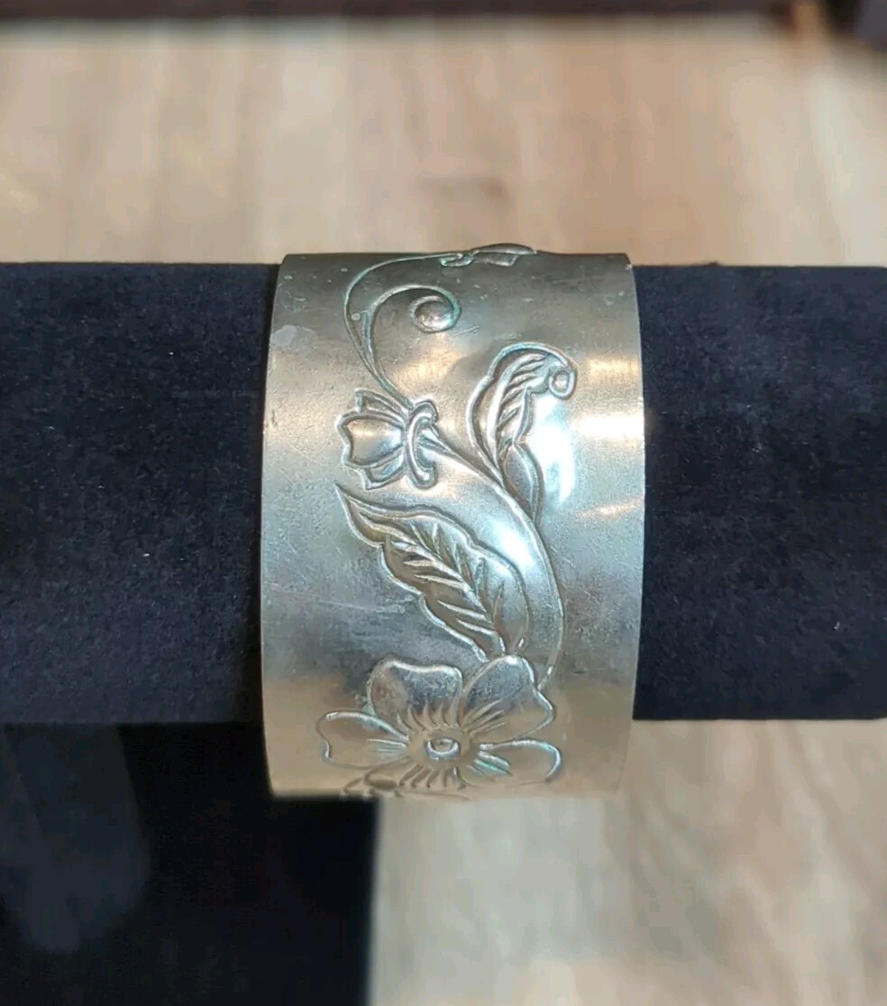 Vtg Engraved Nickel Silver Floral Cuff Bracelet Adjustable