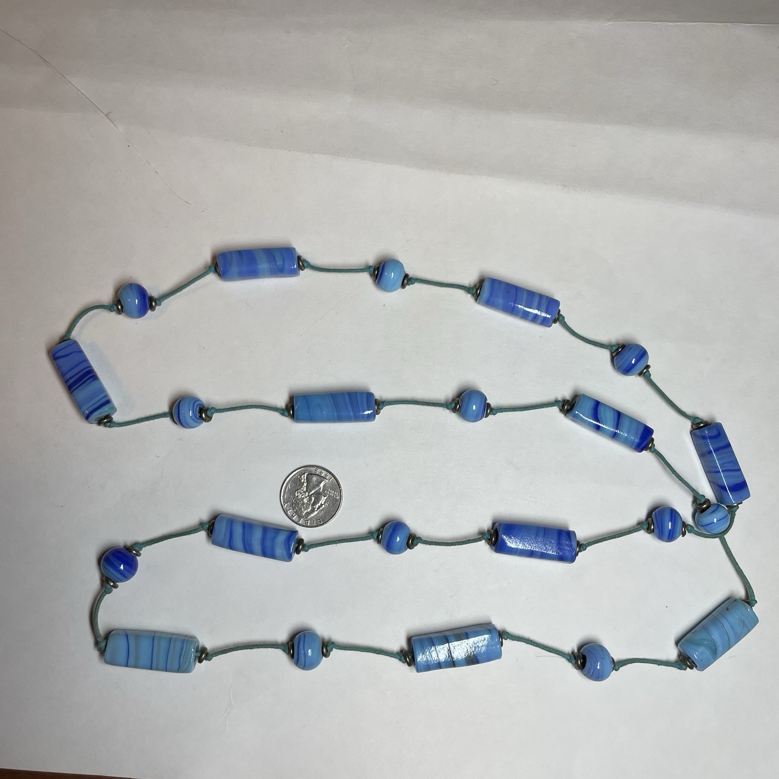 Vintage Handmade Artisan Light Blue & Navy Glass Bead Necklace – Approx 20″
