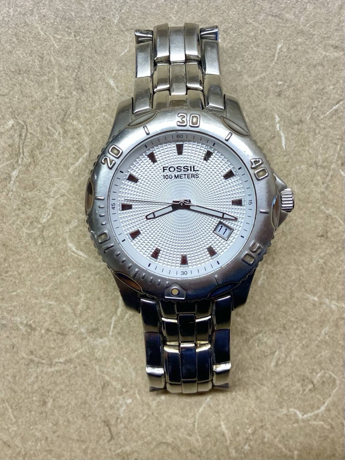 Fossil Blue AM3857 Men’s Silver SS Dial Quartz Watch White NEW Battery 6 1/2″