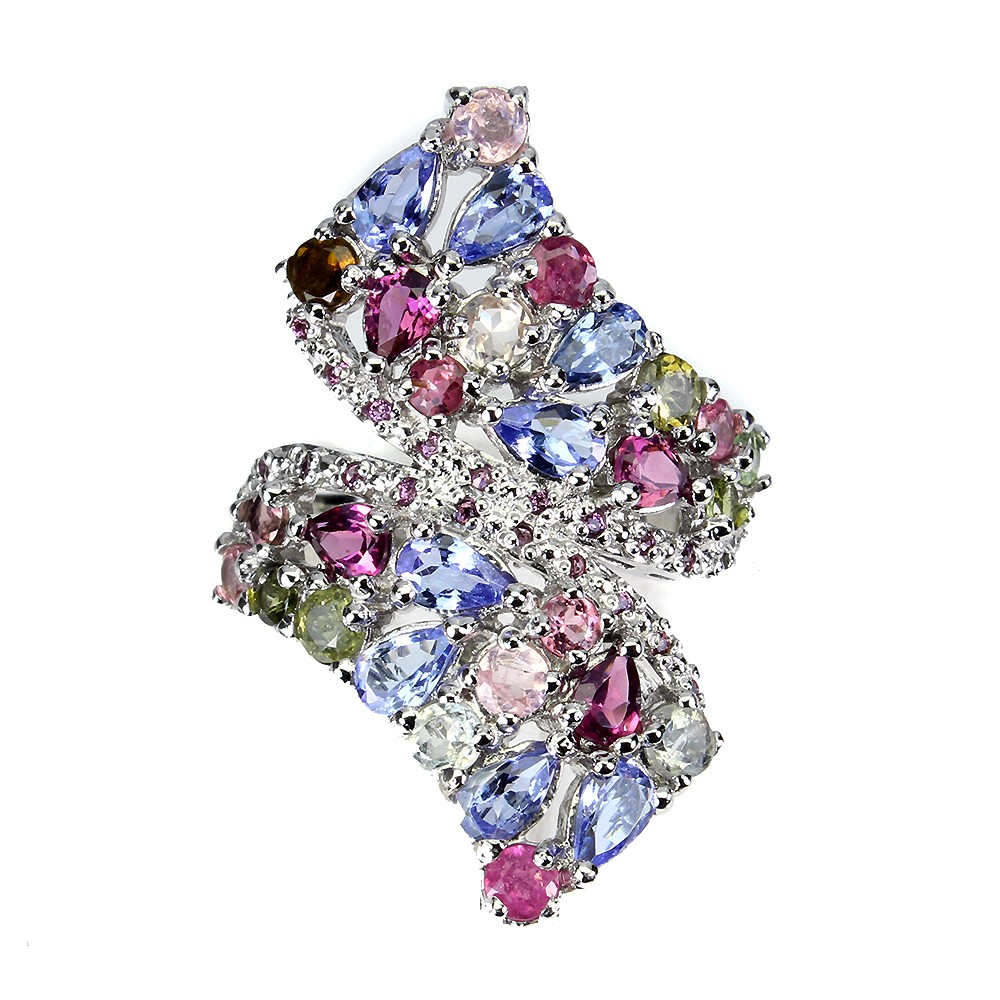 Unheated Pear Tanzanite Rhodolite Garnet Tourmaline 925 Sterling Silver Ring 8