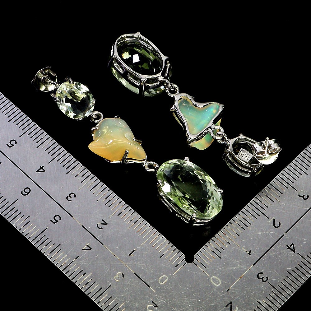 925 Sterling Silver Earrings Oval Green Amethyst 38ct Opal Handmade Gemstone