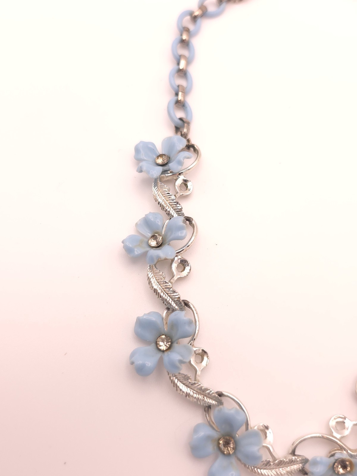 Silver Tone Blue Flower Pendant Necklace Rhinestone Crystal Cable Chain Hook