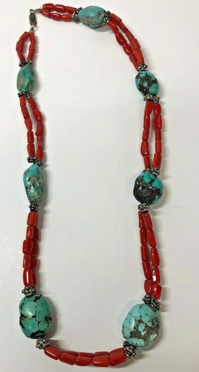 Sterling Silver Natural Beads Turquoise, Coral Necklace 19 1/2 inches