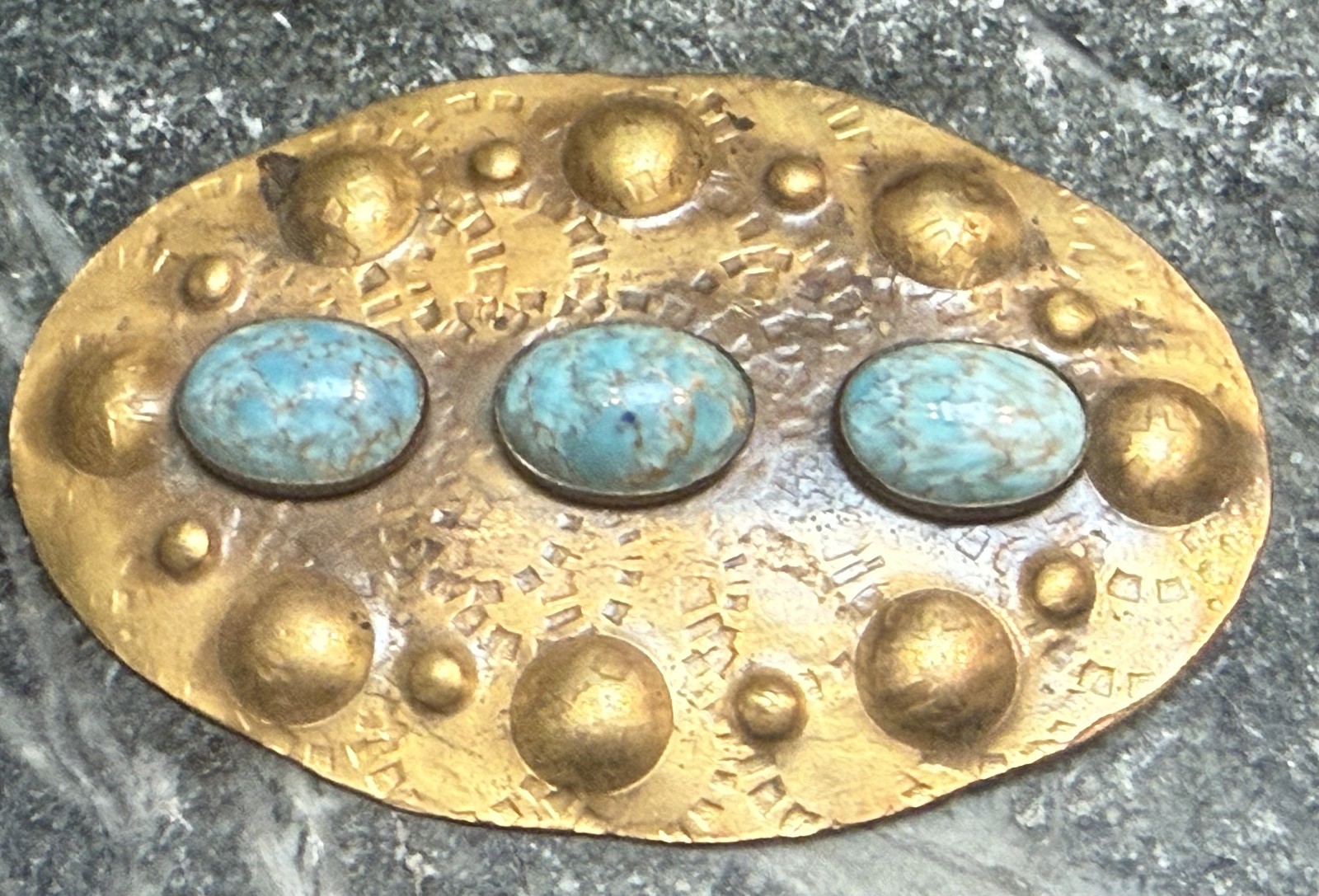 Antique 1920’s Arts and Crafts Hammered Brass and Blue Glass Cabuchon Pin
