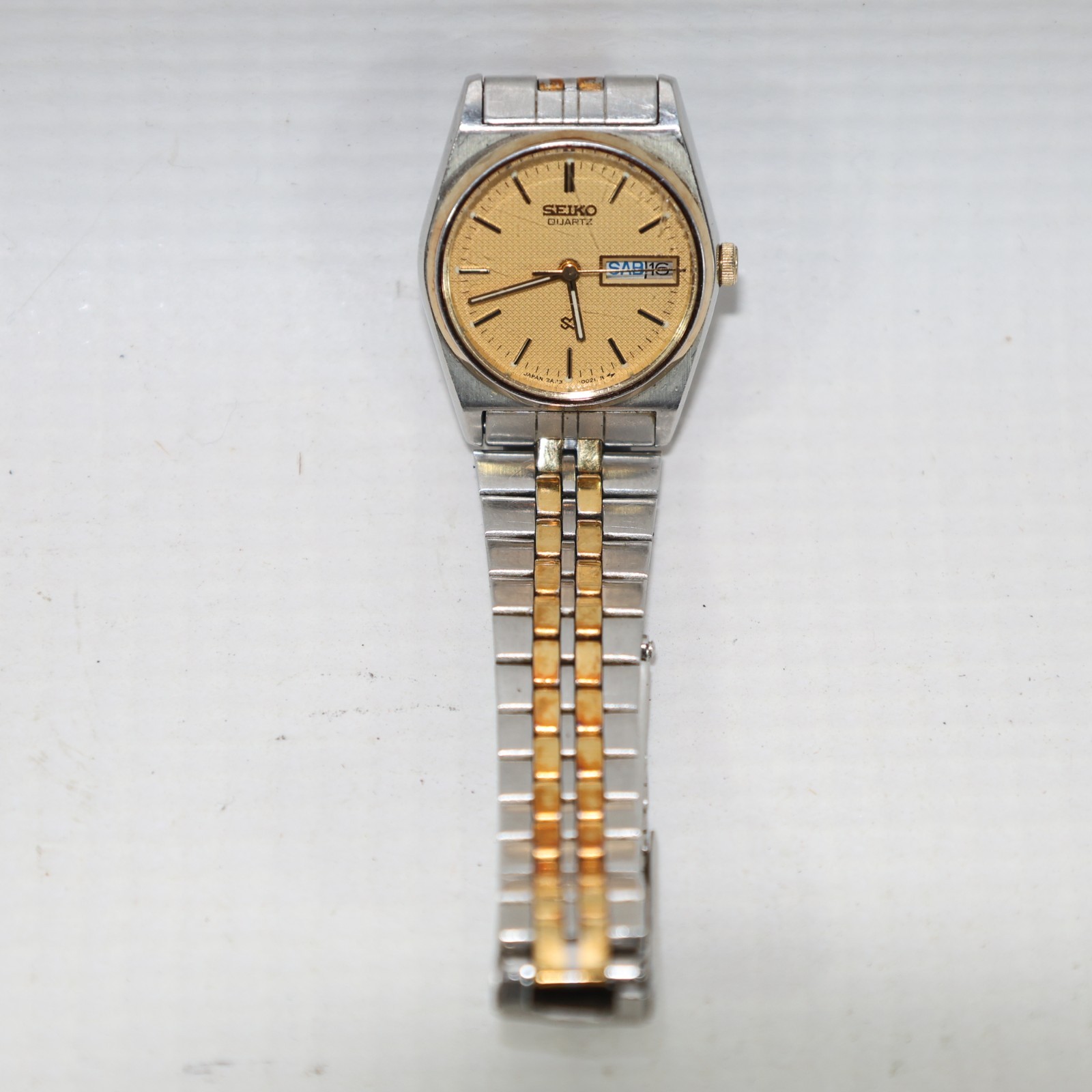 Seiko SQ Watch Women 23mm Champagne Dial Two Tone Day Date 2A23-0029 UNTESTED