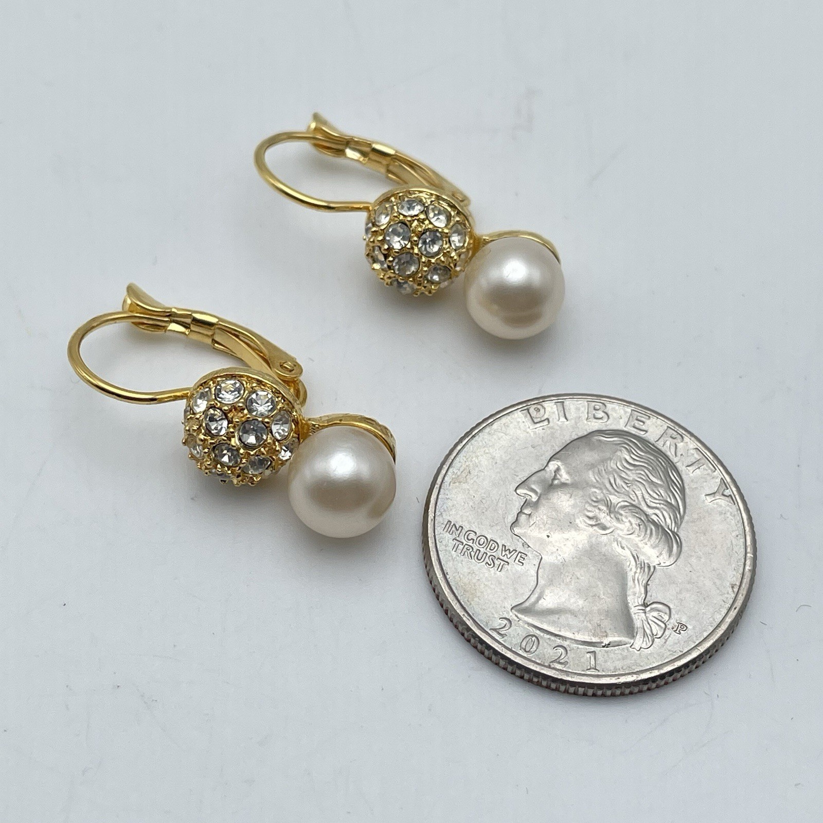 Bijoux Terne Pave Stud Faux Pearl Gold Tone Lever back Pierced Earrings NEW