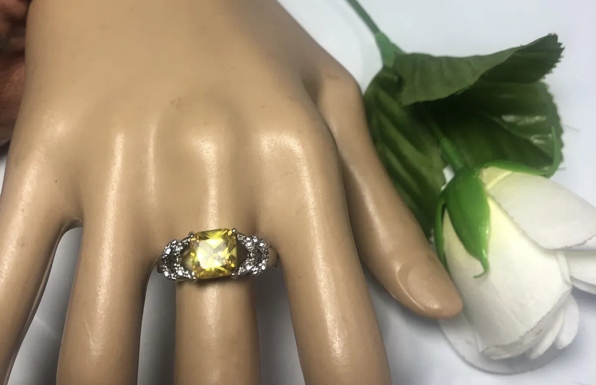 Ring Silvertone Yellow Faux Citrine Prince Cut Rhinestone Clear Accent Solitaire