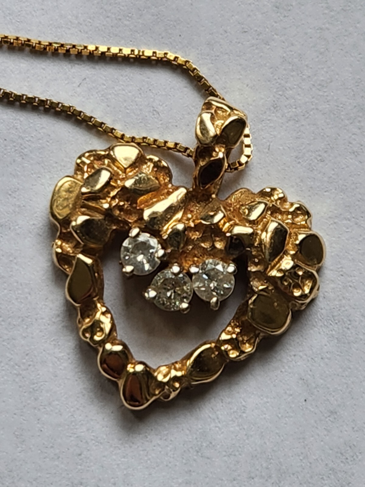 14K Solid Gold Diamond Nugget Heart Pendant Necklace-3.97 Grams