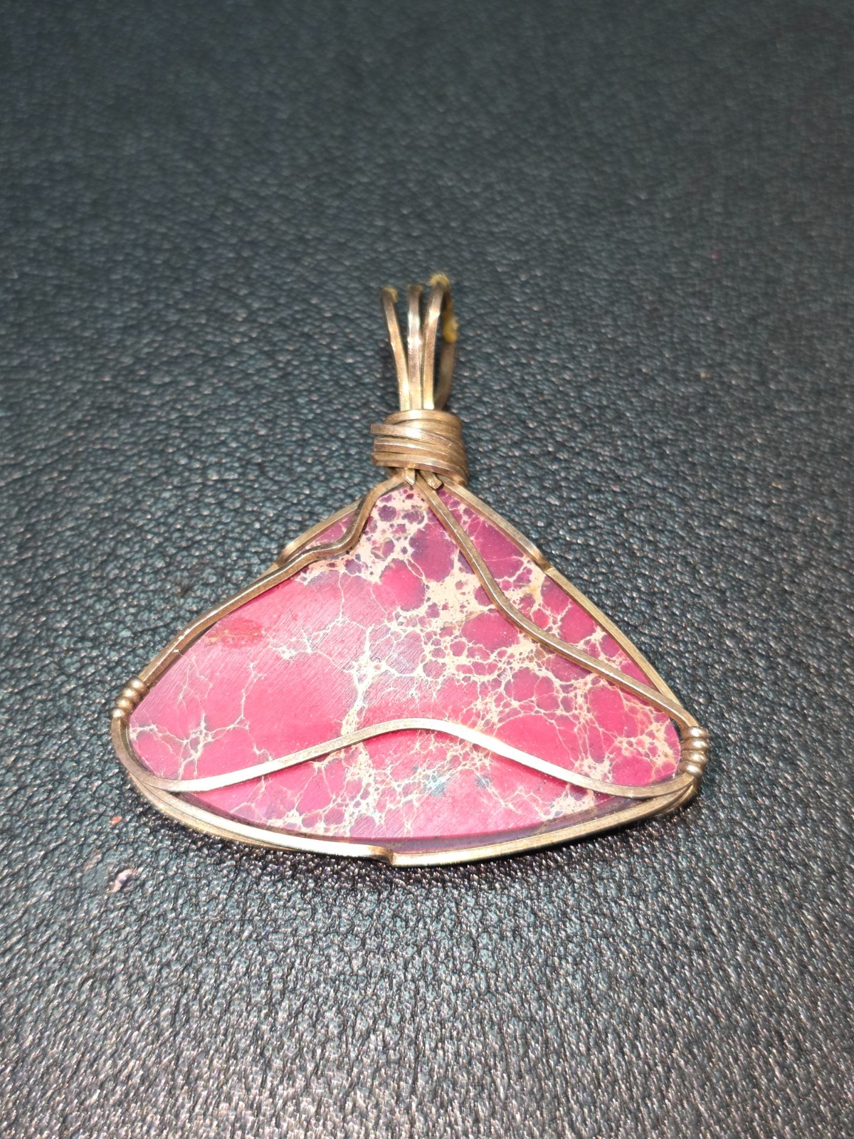 Handmade Pink Imperial Jasper Wire Wrapped Triangle Pendant Statement Jewelry
