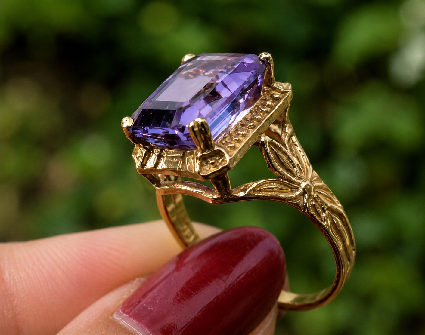4Ct Emerald Cut Lab Created Amethyst Halo Engagement Ring 14K Yellow Gold Plated