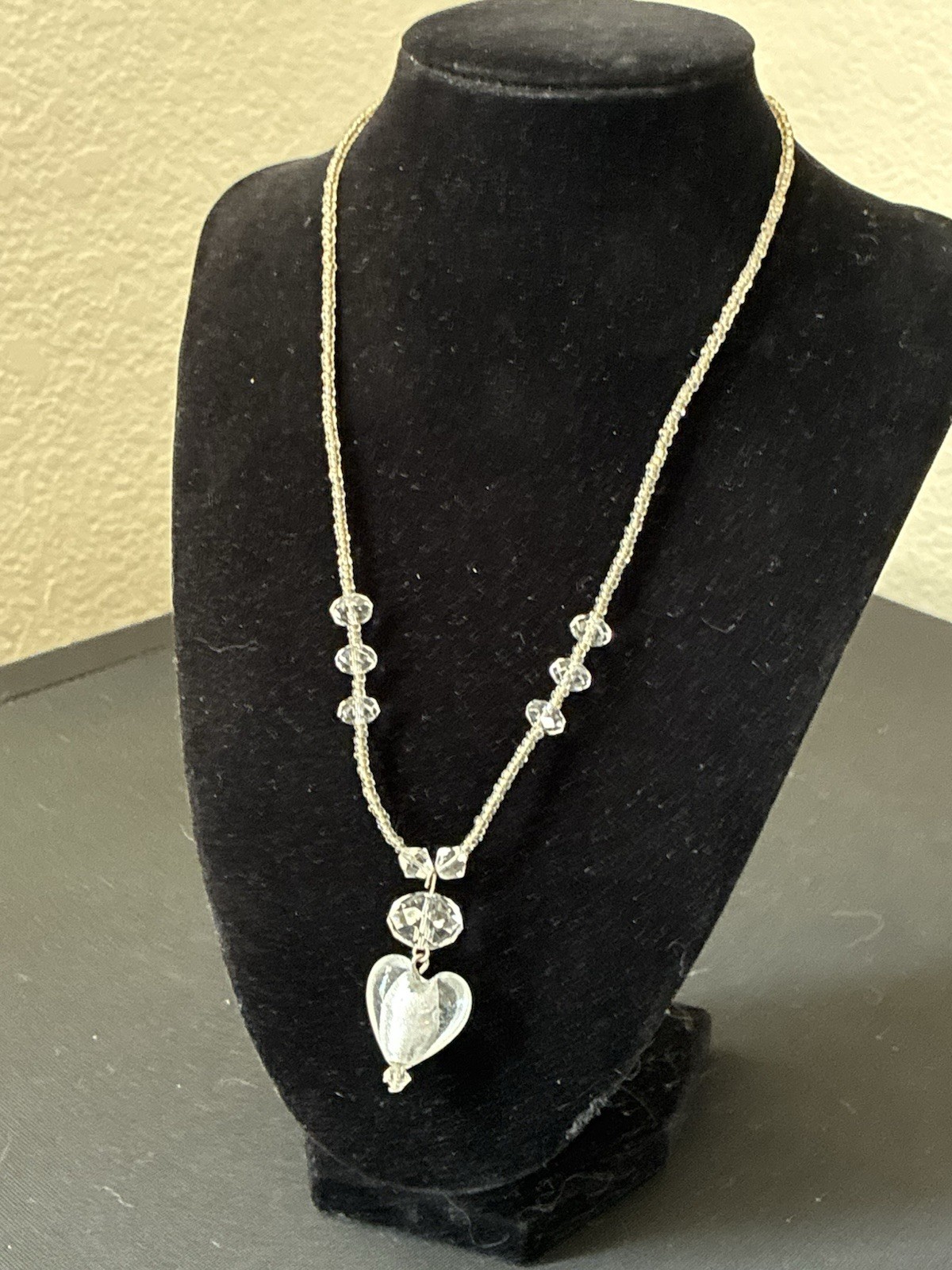 Clear Crystal Beaded Ball Chain Necklace Silver Tone Heart Charm Love Theme