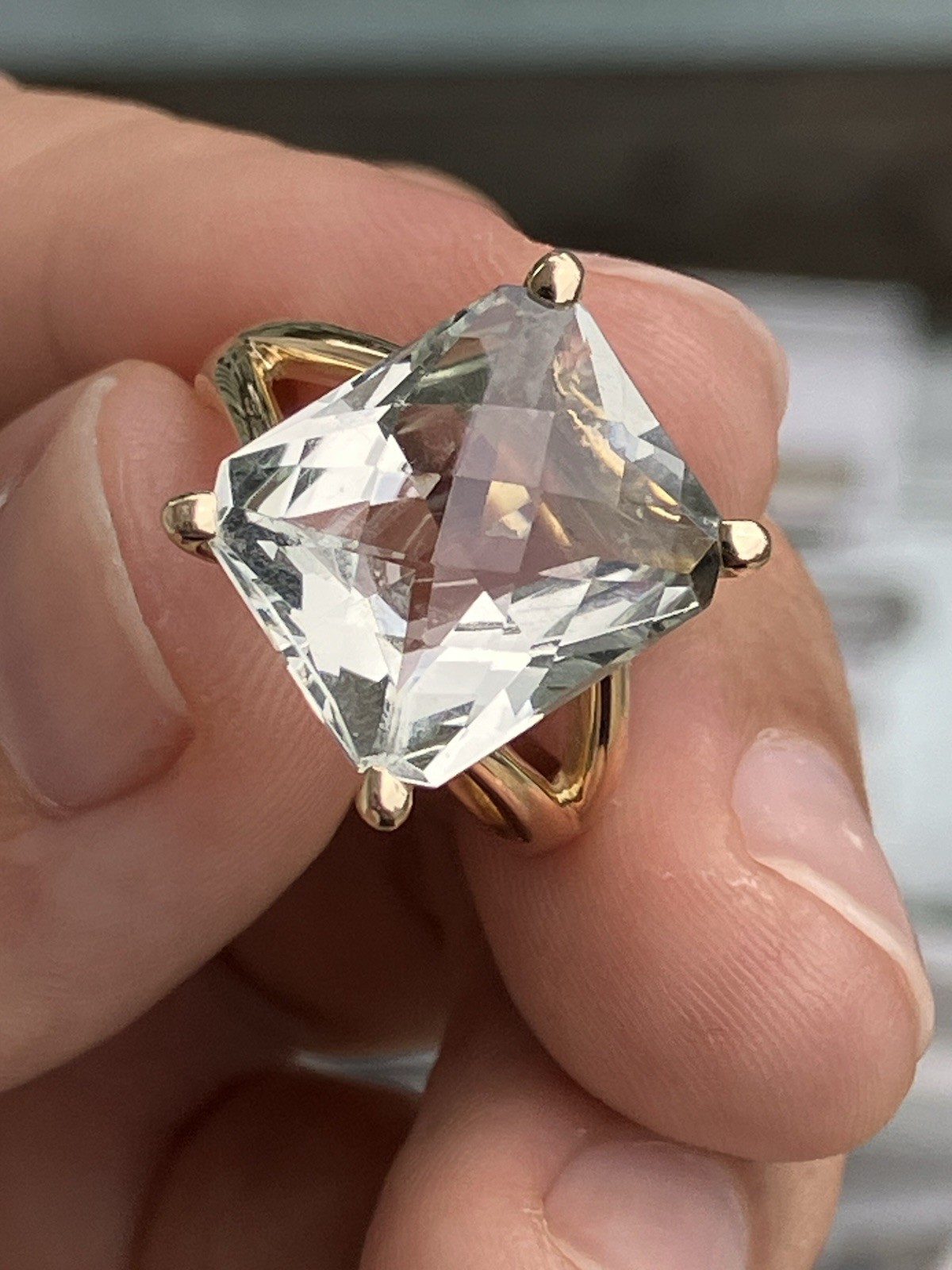 Effy 14K Gold Green Amethyst Cocktail Ring Large 13.9mm Cushion Cut Size 7, 7g