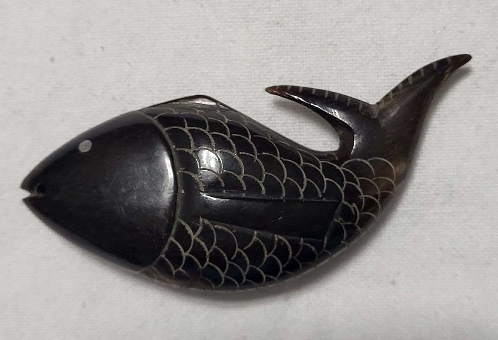 Vintage Hand Carved Exotic Hardwood Fish Pendant Hanging Ornament MOP Eyes 4″