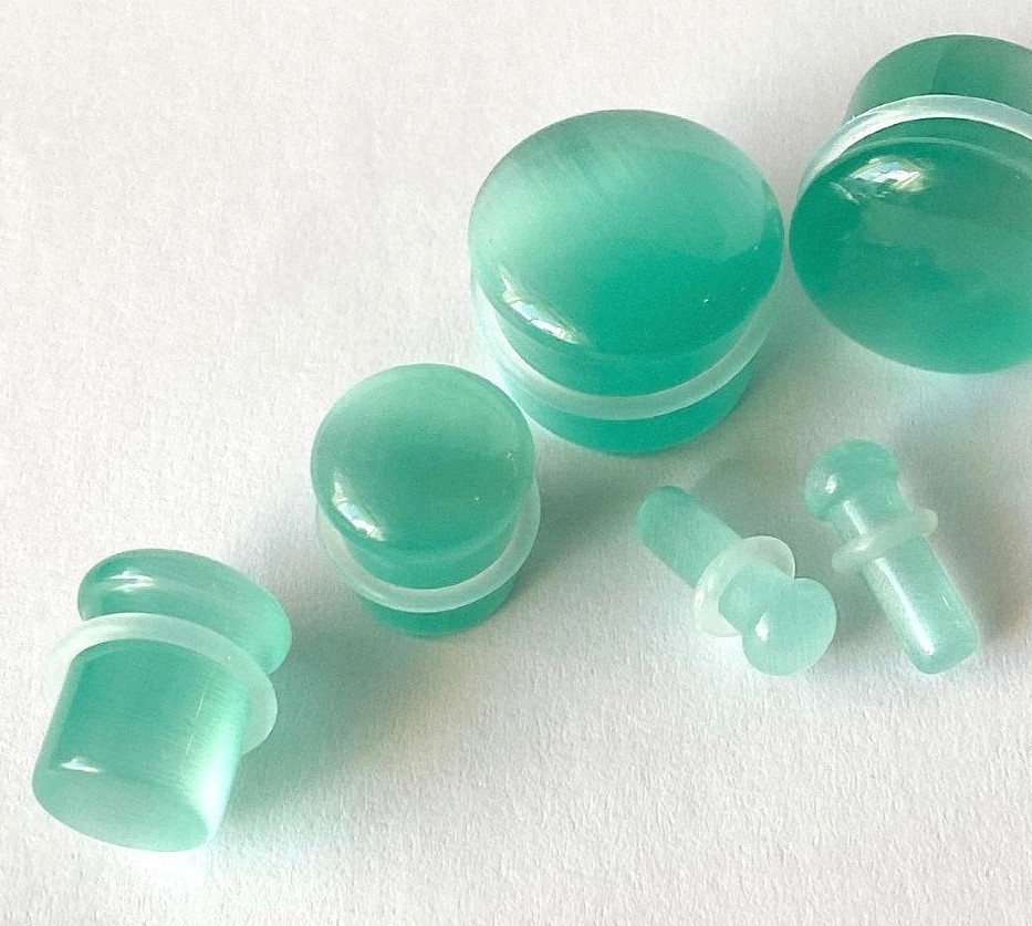 PAIR Seafoam Cat Eye Stone Plugs Single Flare Tunnels Earlet Gauges Body Jewelry