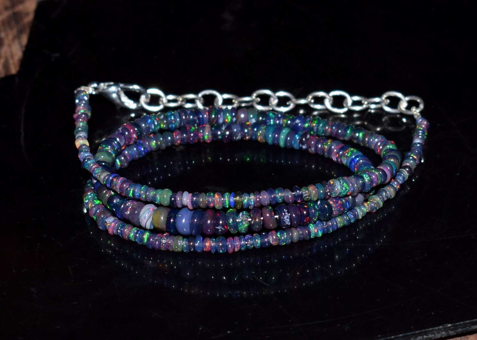 Opal Beads Necklace Natural Ethiopian Black Opal Gemstone Beads 16″Necklace