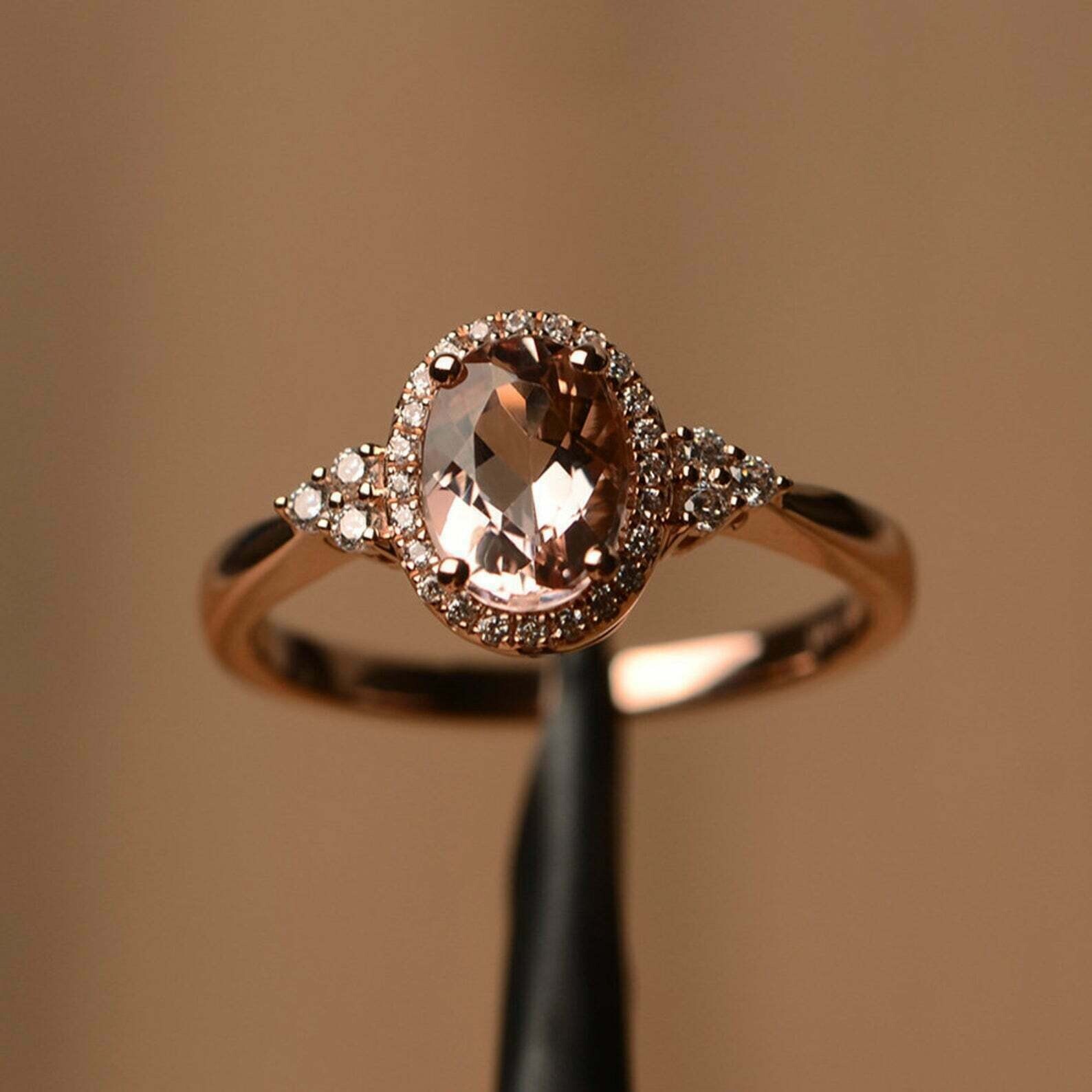 2Ct Oval Cut Morganite Diamond Halo Engagement Wedding Ring 14K Rose Gold Finish