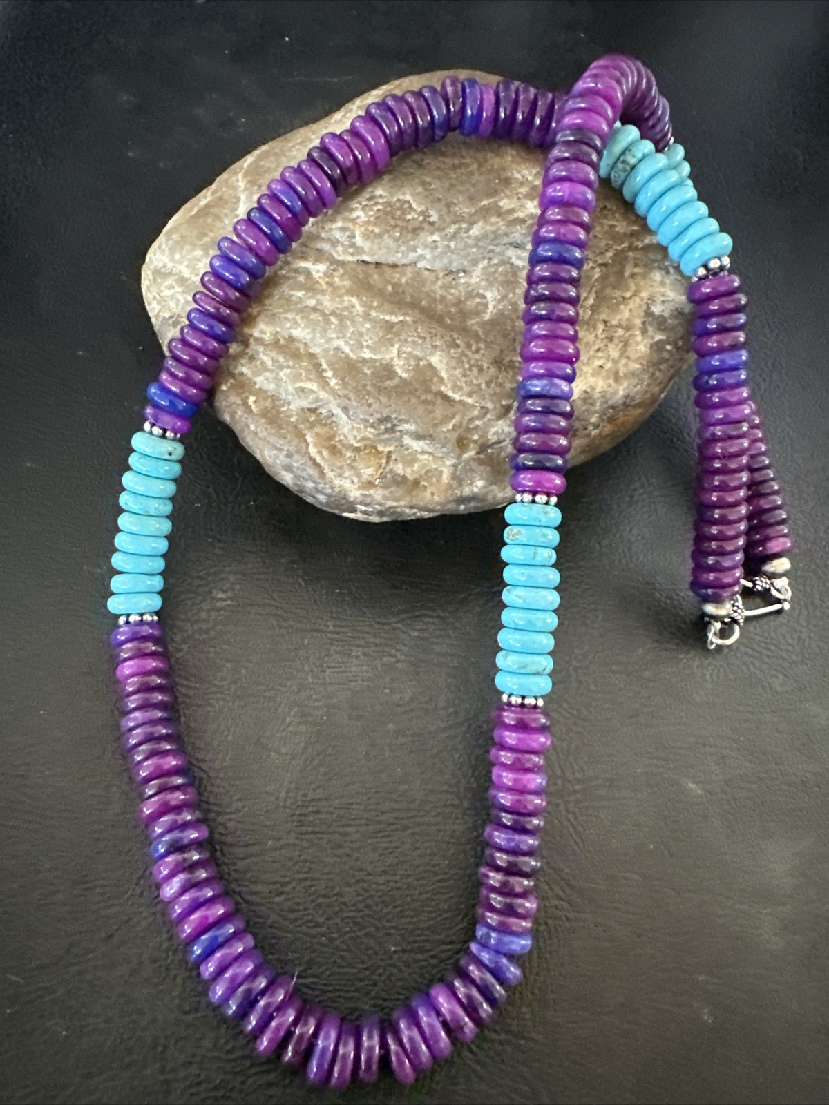 Purple Sugilite Blue Turquoise Bead Navajo Sterling Silver Necklace 22″ 17915