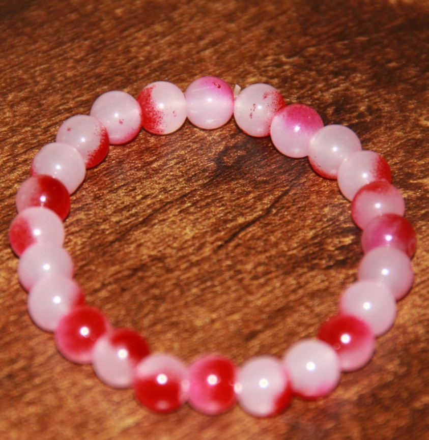 White Pink Splotch Round Glass Bead Stretch Bracelet Fashion Jewelry Boho