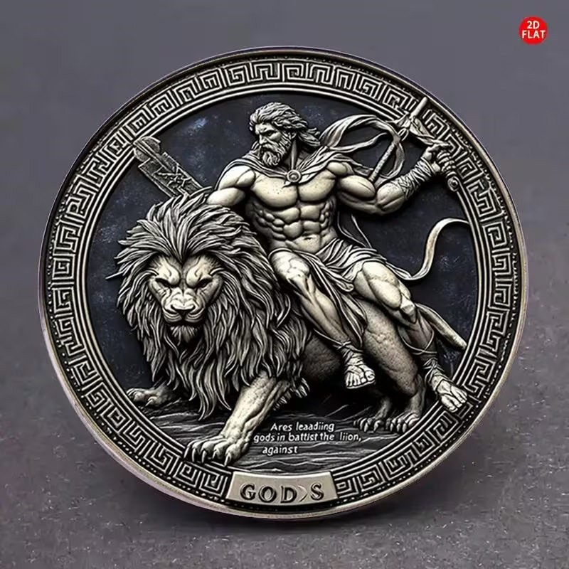 Hercules & Lion Greek Myth 2D Metal Glass Pin Brooch Clothes Bag Decor