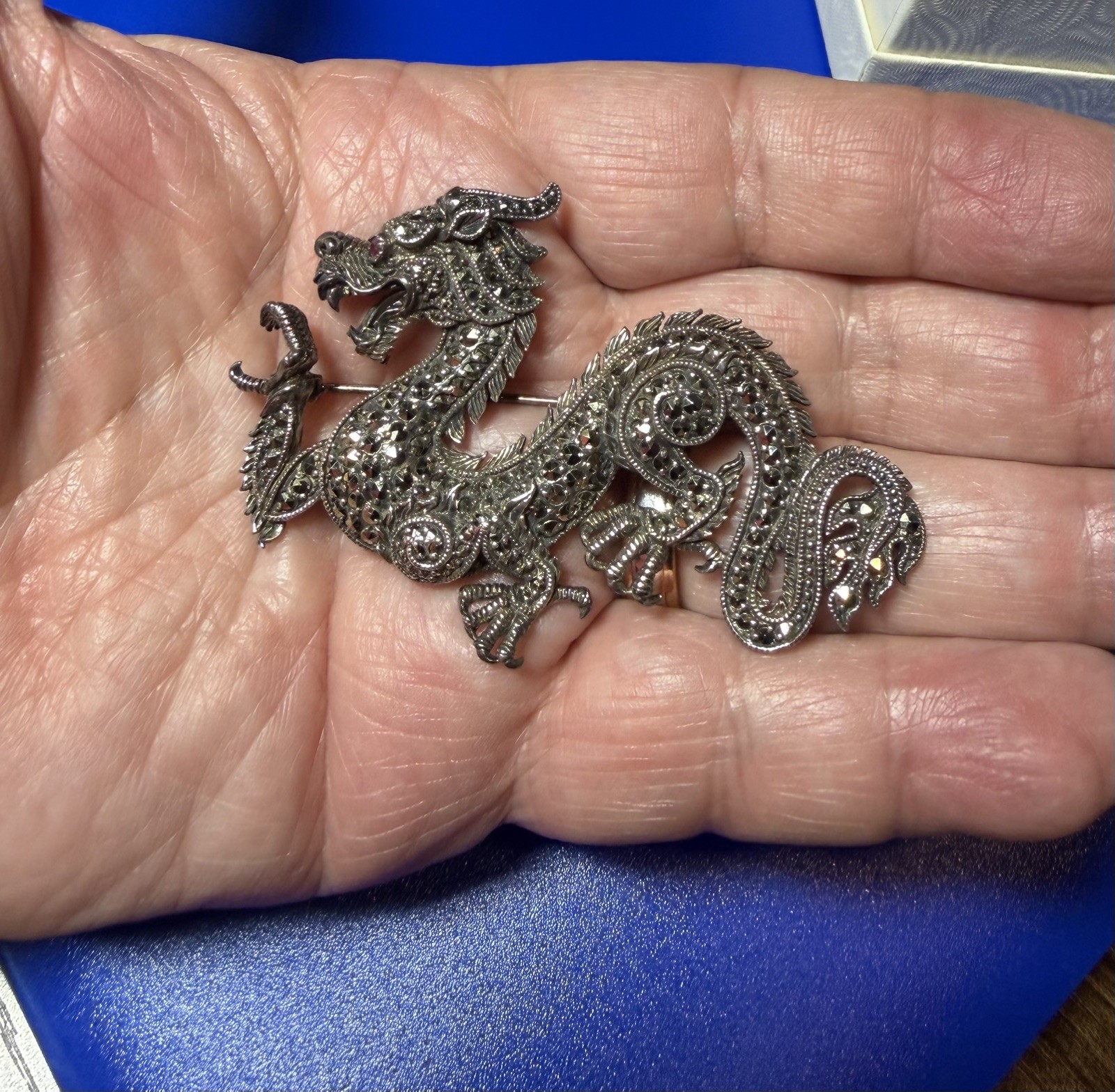 Vintage 925 Sterling Silver Marcasite With Red Eye Chinese Dragon Brooch 25.5G