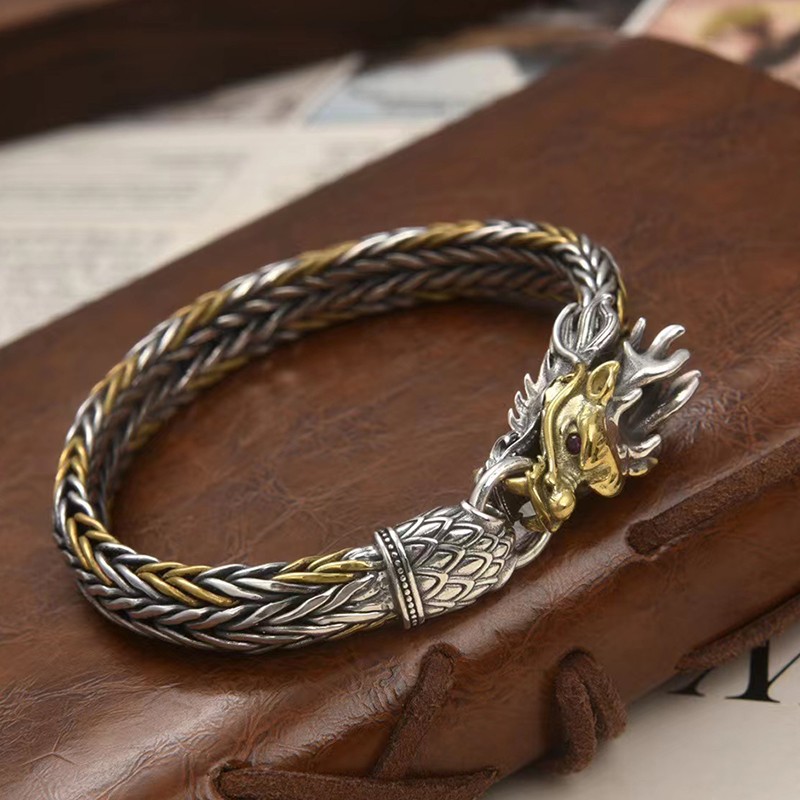 Real S925 Sterling Silver Men 9mm Dragon Head Wheat Link Bracelet Many Length