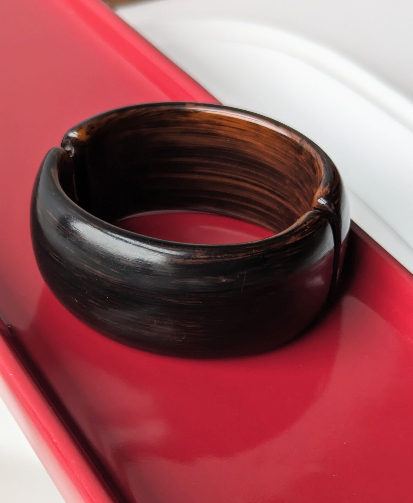 Vintage Dark Brown Faux WOOD Lucite Clamper Bangle 1 ¼” Wide Bracelet