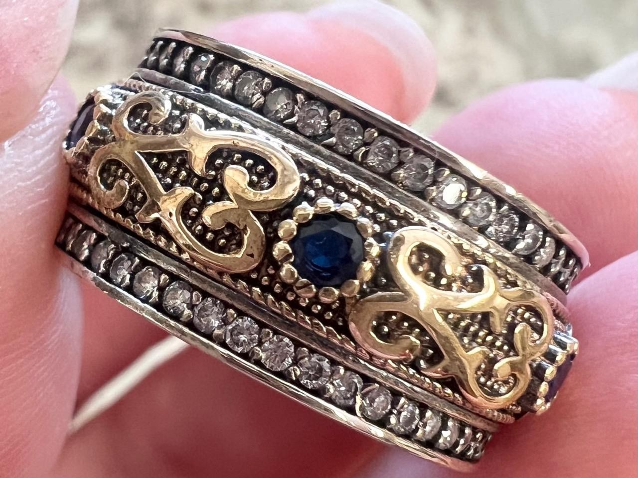 REAL Diamond Blue Sapphire BAND SOLID 14K Y Gold 925 Ring SZ 10 1/4 Etruscan Rev