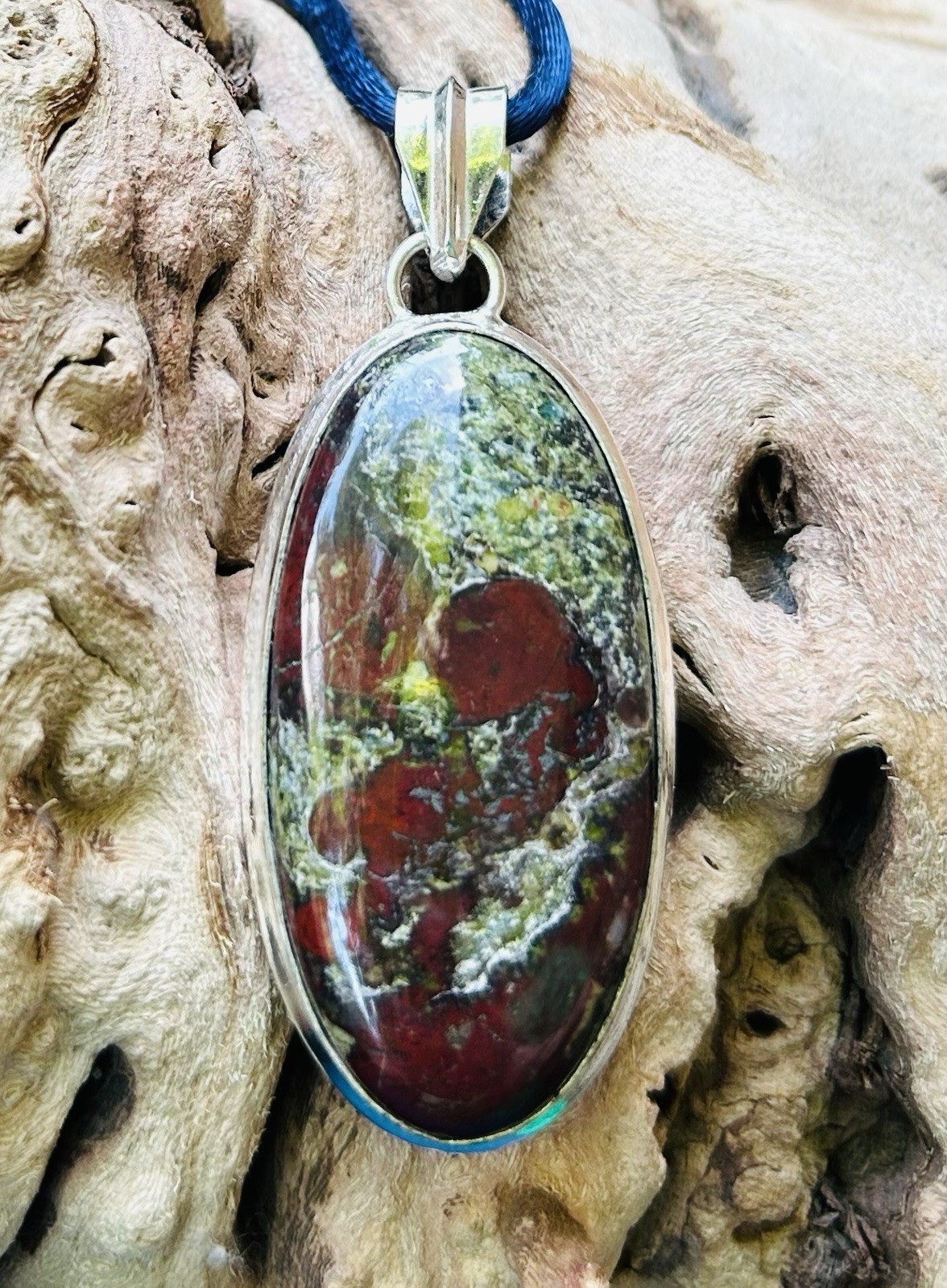DRAGON’S BLOOD Stone Bloodstone JASPER Pendant Oval Sterling Silver Pendant