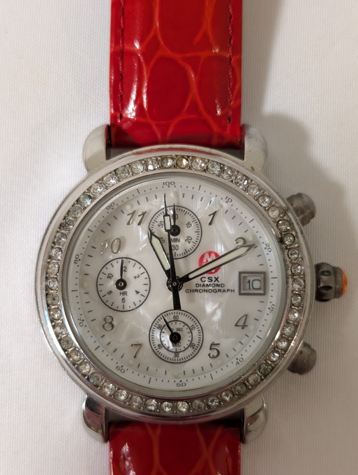 MICHELE CSX Diamond Chronograph Mother of Pearl Watch Red Leather Swiss