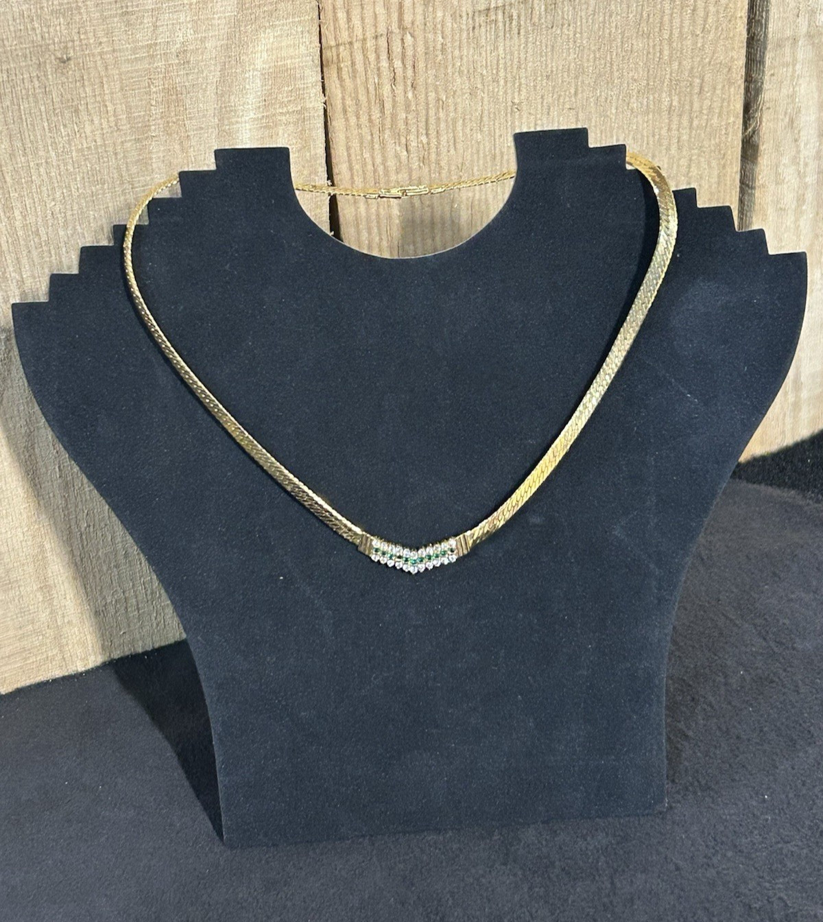 Gold Tone Herringbone 18″ Necklace With Green And White Gemstones J165