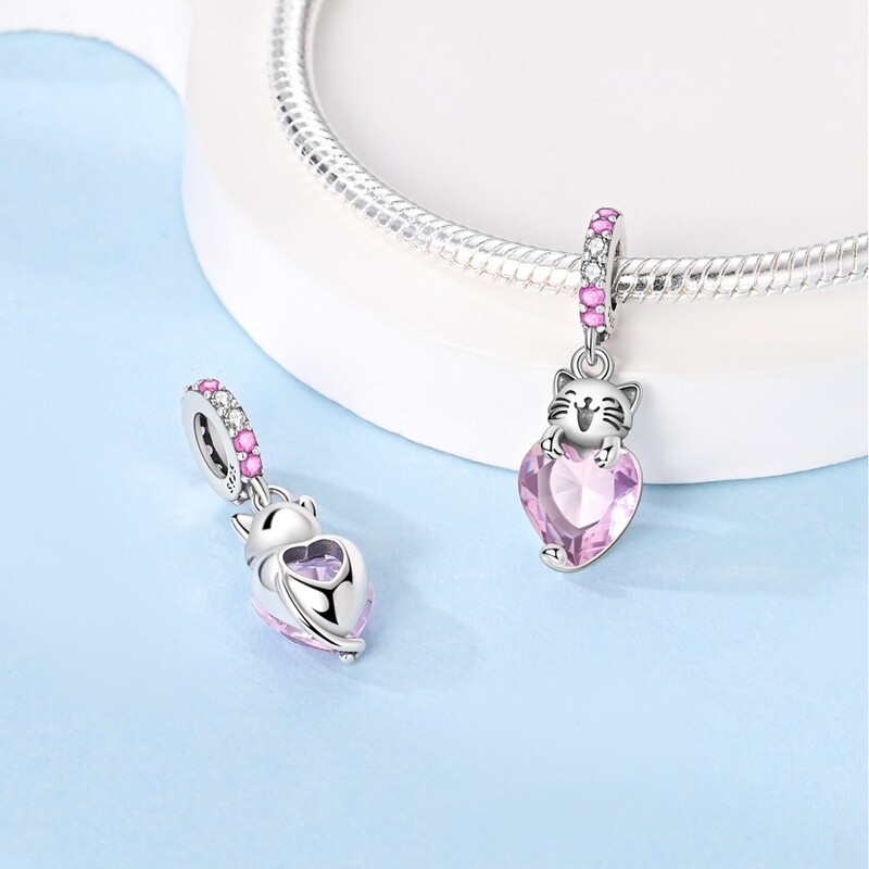 MULA 925 Sterling Silver DIY Charm Pink AAA CZ Cat Heart For Bracelet Necklace