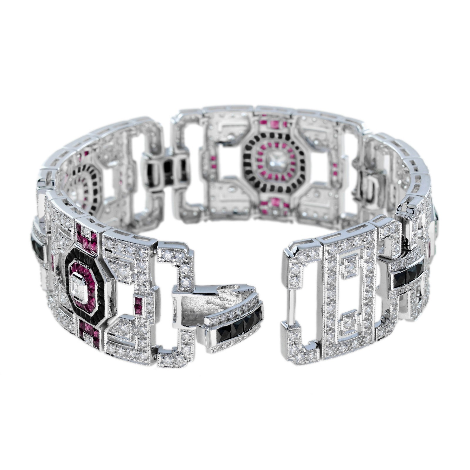 18K White Gold Diamond Ruby Onyx Art Deco Geometric Link Bracelet