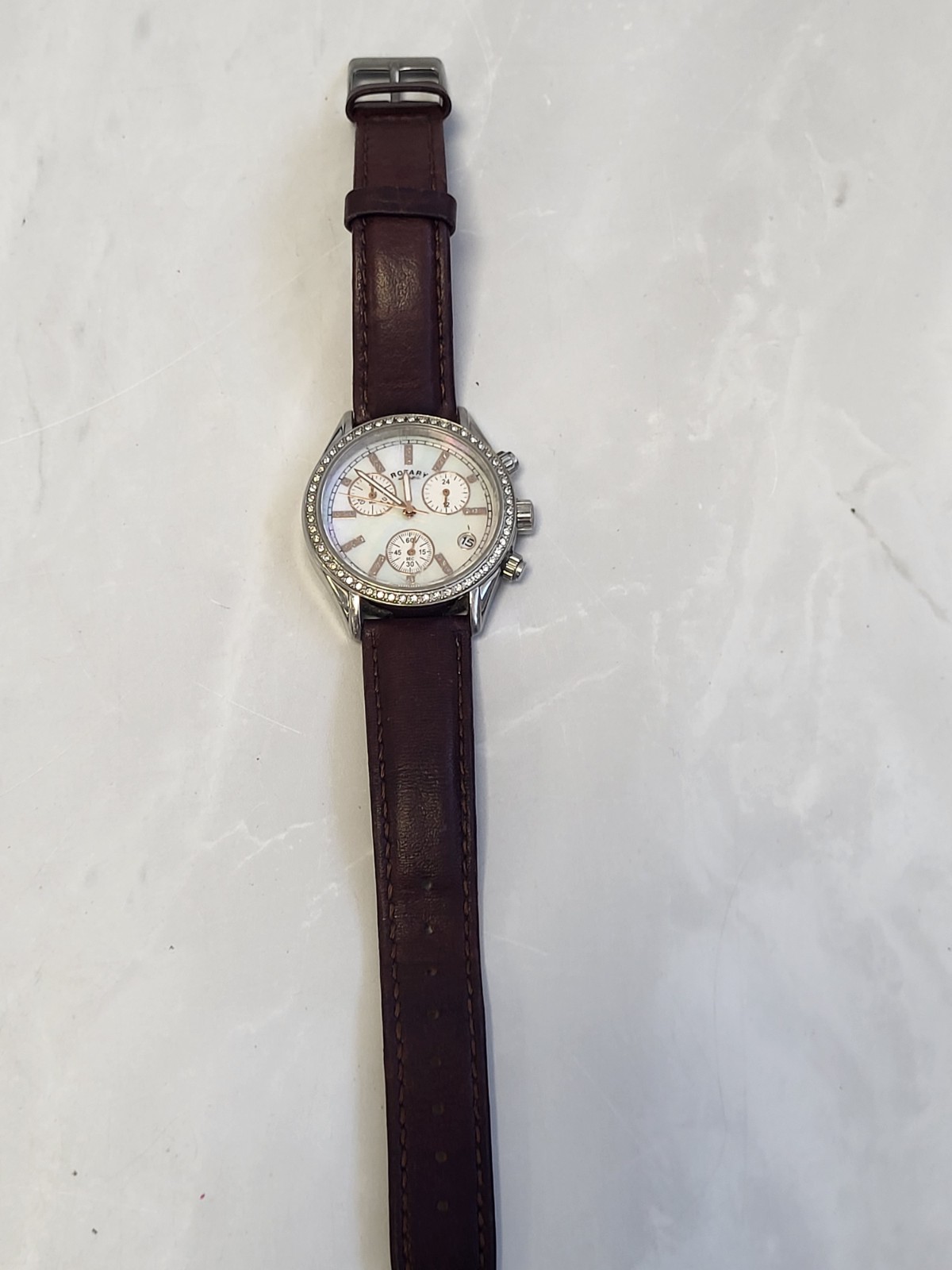 Rotary Chronograph Watch Mother Of Pearl Dial & Leather Strap. PD