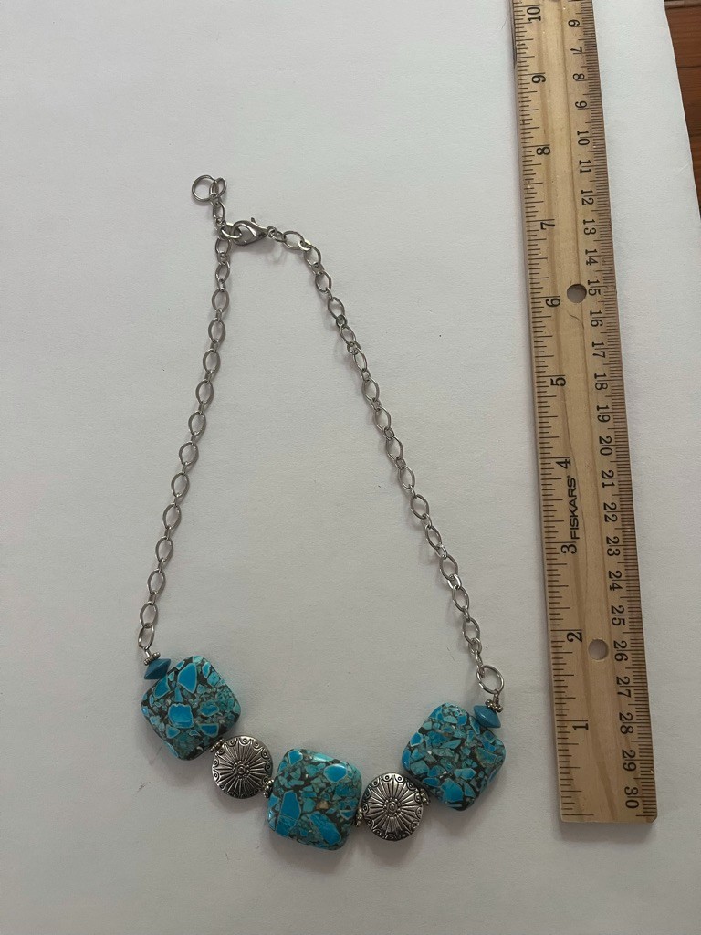 Turquoise Statement Necklace Square Dyed-howlite wth Ornate Silver Metal Beads