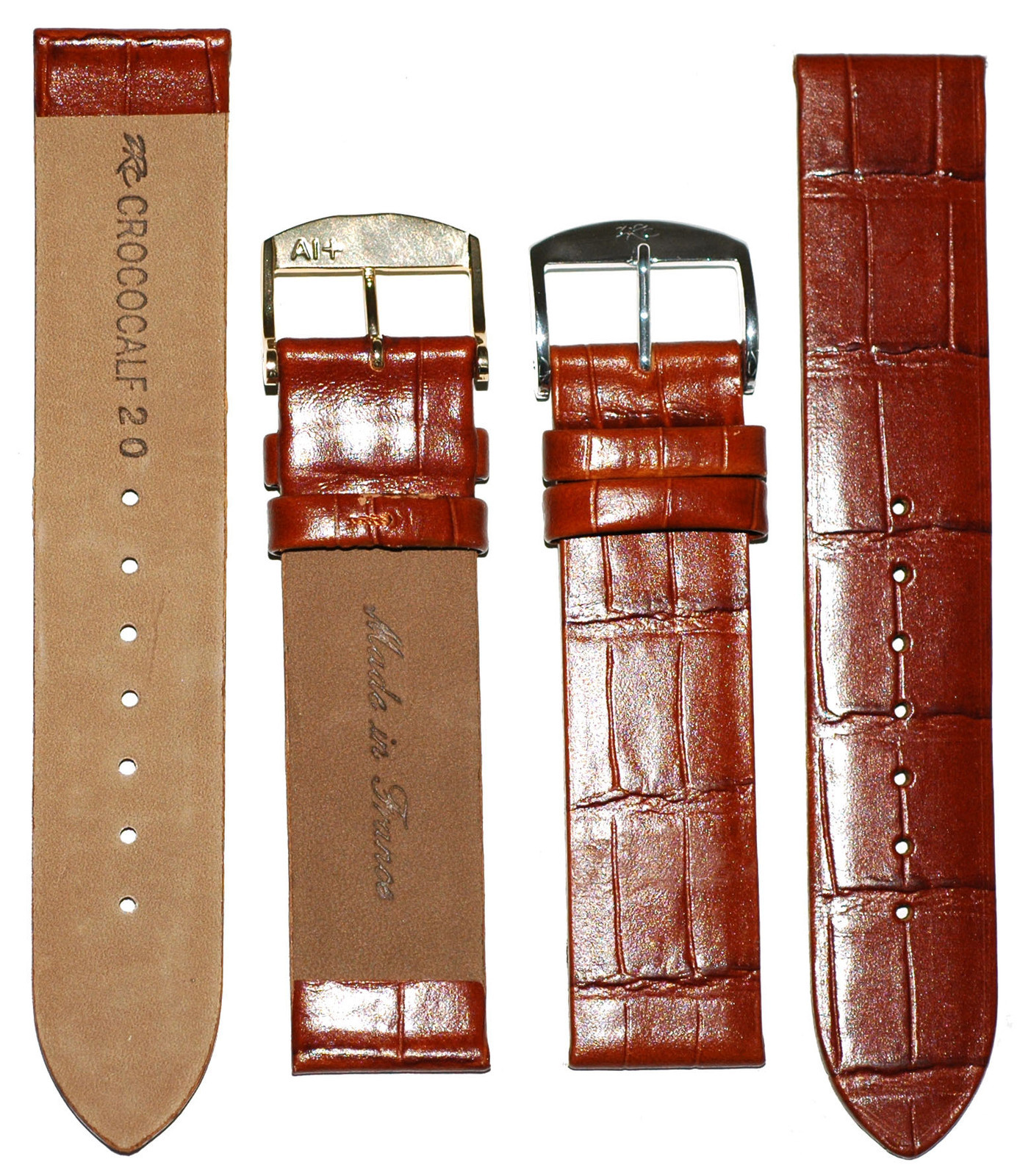 Calf Leather Watch Strap, Alligator Grain, Silver or Gold Buckle, Black or Brown