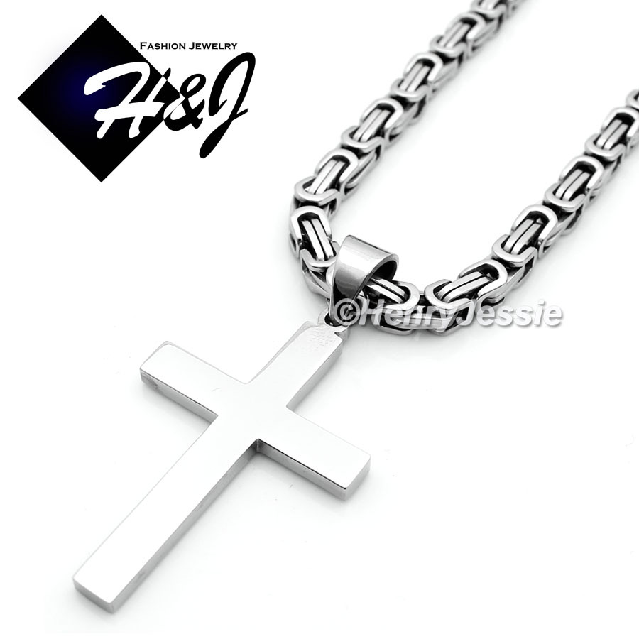 20″MEN Stainless Steel 6mm Silver Byzantine Box Chain Necklace Cross Pendant*P64