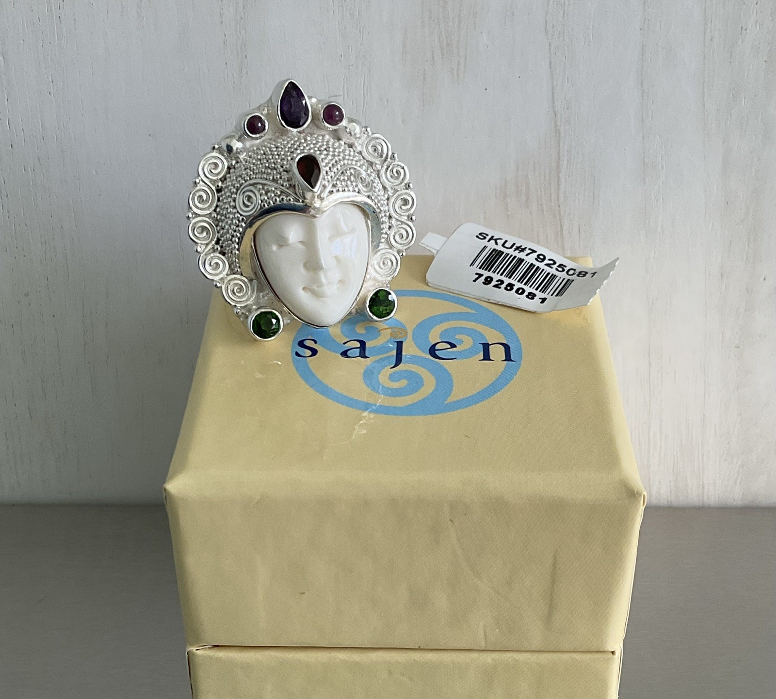 Sajen Silver Carved Goddess Ring Multi Gemstones 925 Sterling Silver Size 9
