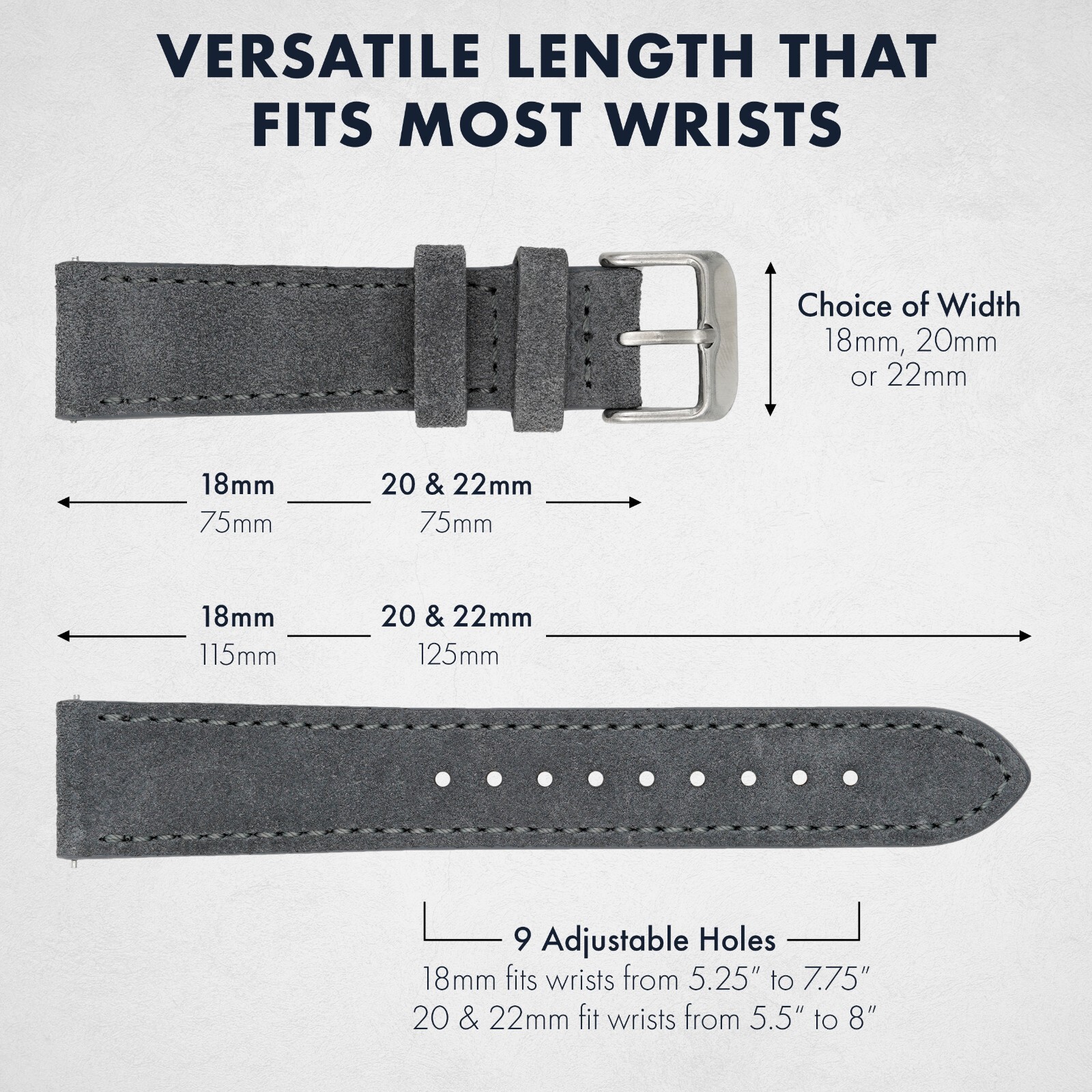 Suede Quick Release Watch Band – Grey – 18, 20 or 22mm