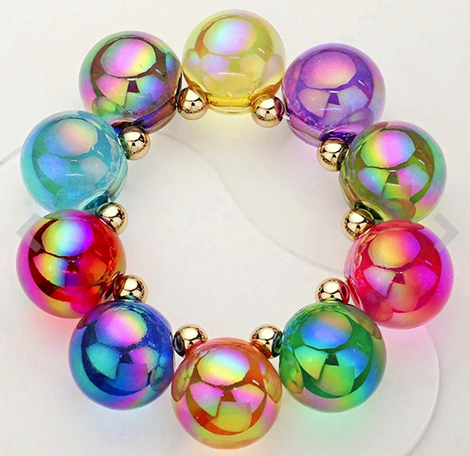 Iridescent Acrylic Beaded Stretch Bracelet Round Beads Multicolor