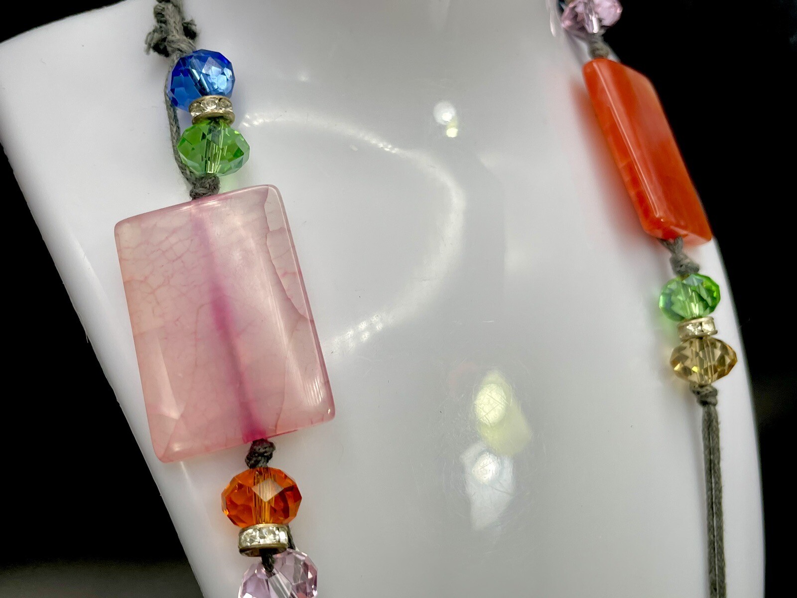 Quartz gemstone necklace, Long 38″. Cut Crystal Beads & Rhinstone Spacers.