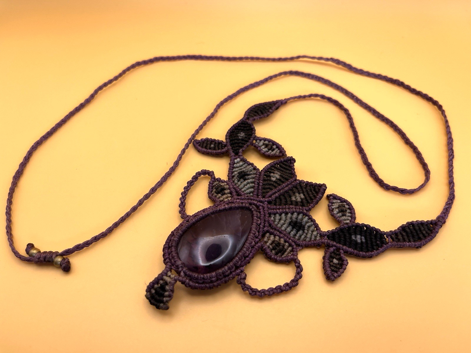 Artesian Made Macrame and Purple Fluorite/Amethyst Gemstone Necklace Boho Hippie