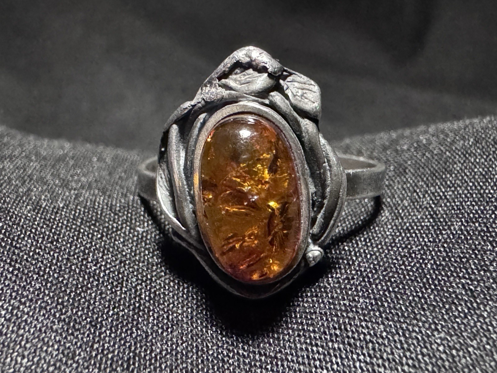 Vintage Sterling Silver Cognac Baltic Amber Ring Organic Leaf Setting Size 8