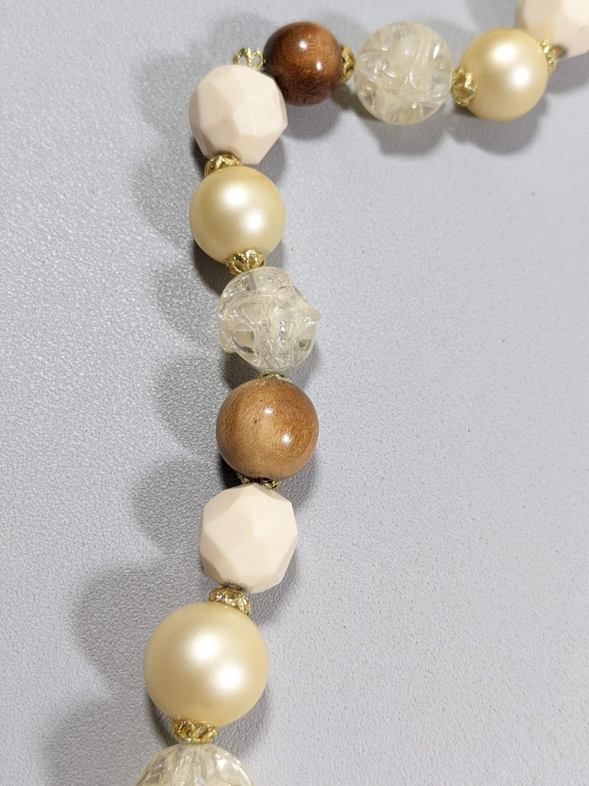 Vintage Ivory Color Brown wood Acrylic Faux Pearl Statement Necklace 28 inches