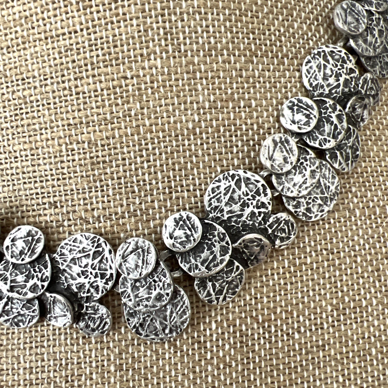 TURKISH SILVER PLATED ZINC HAND HAMMERED COIN MODERNIST ABSTRACT NECKLACE 22″